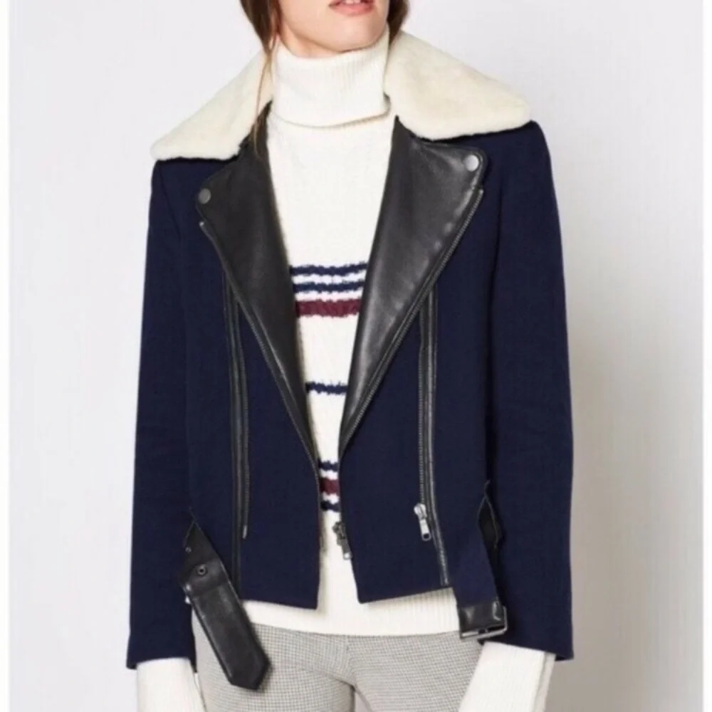 NWT JOIE FAYANA WOOL- LEATHER COZY NAVY MOTO JACKET - Picture 4 of 13